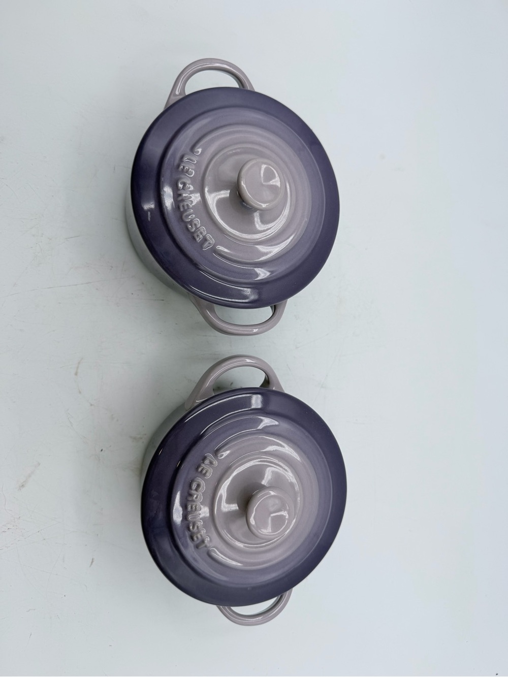 Le Creuset Mini Cocottes in Gradient Purple and Light Gray (2-piece)